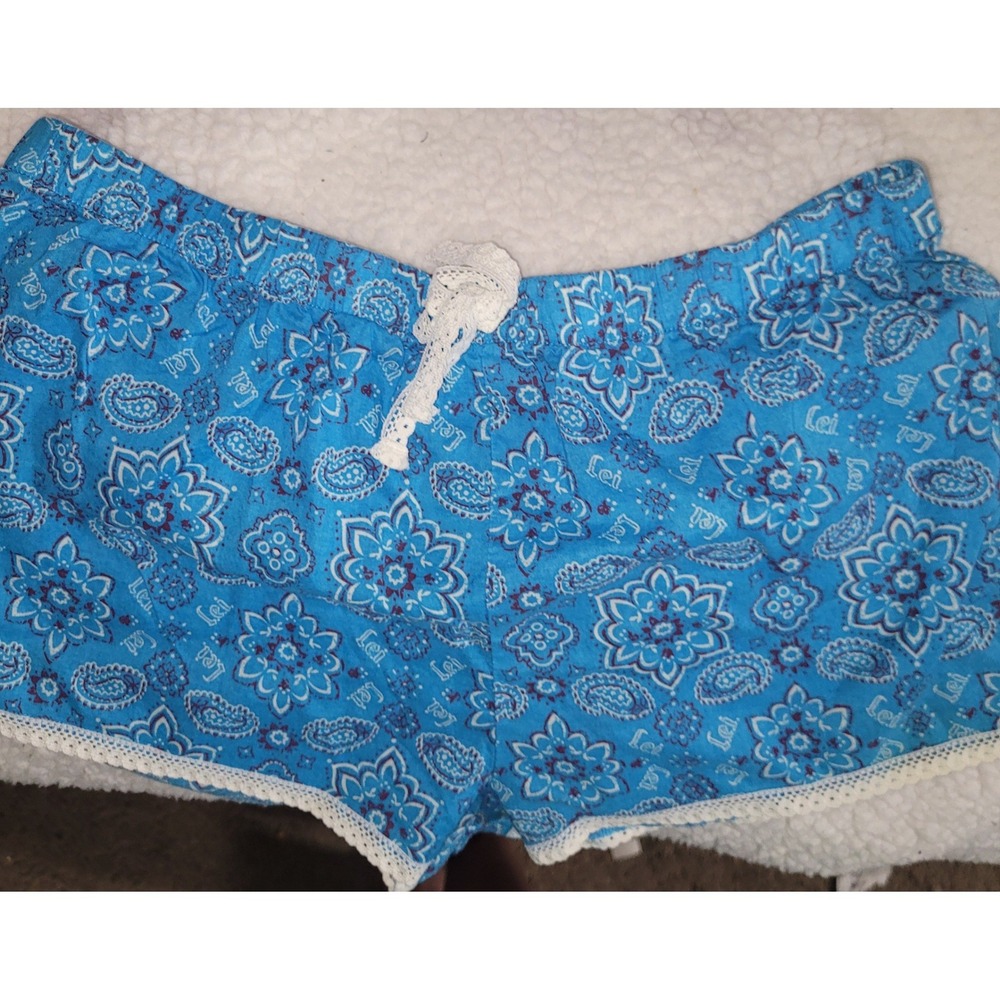LEI Womens Blue Paisley Mandala Print Cotton Sleep Shorts Crochet Lace Trim S